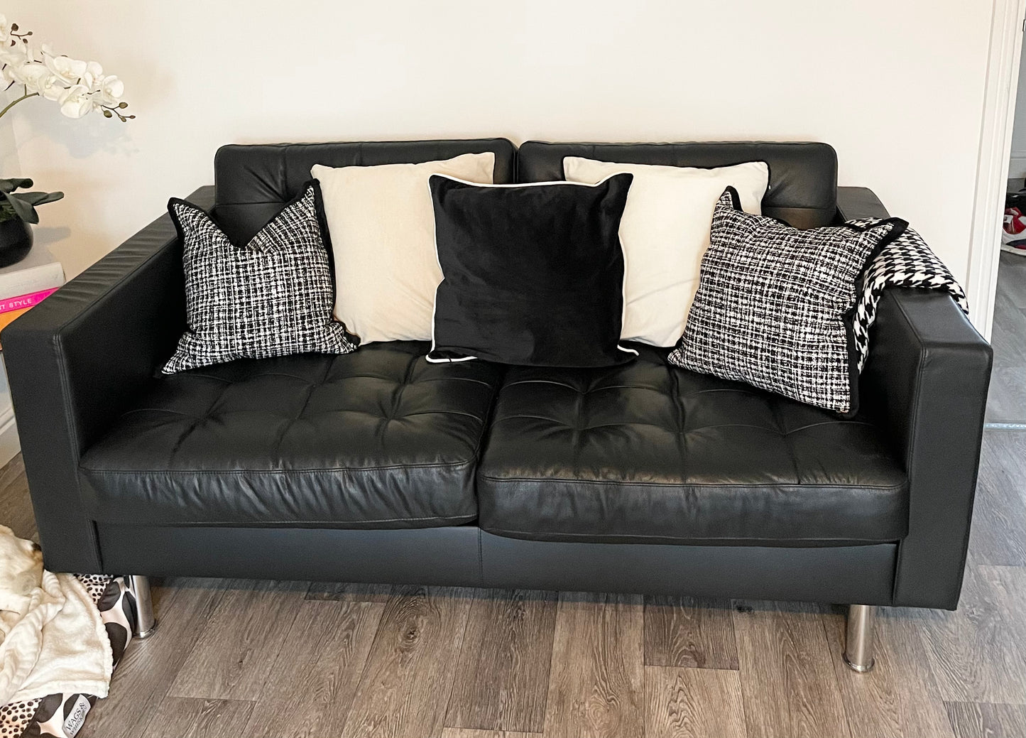 Cream Velvet Cushion With Black Piping