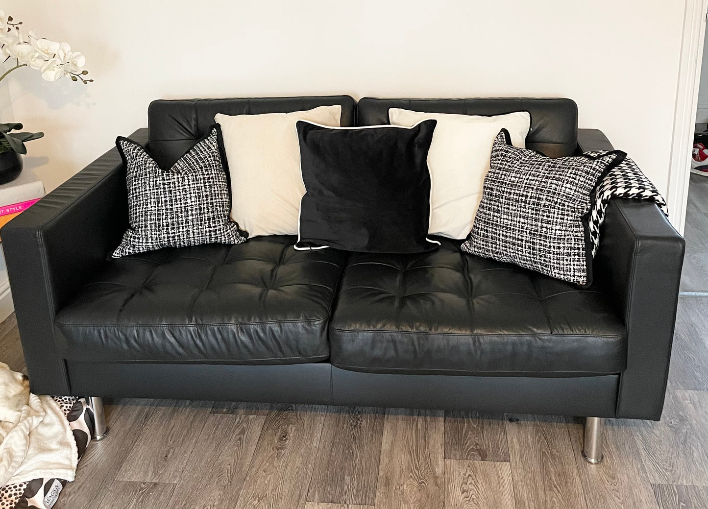 Black Velvet Cushion with White Piping