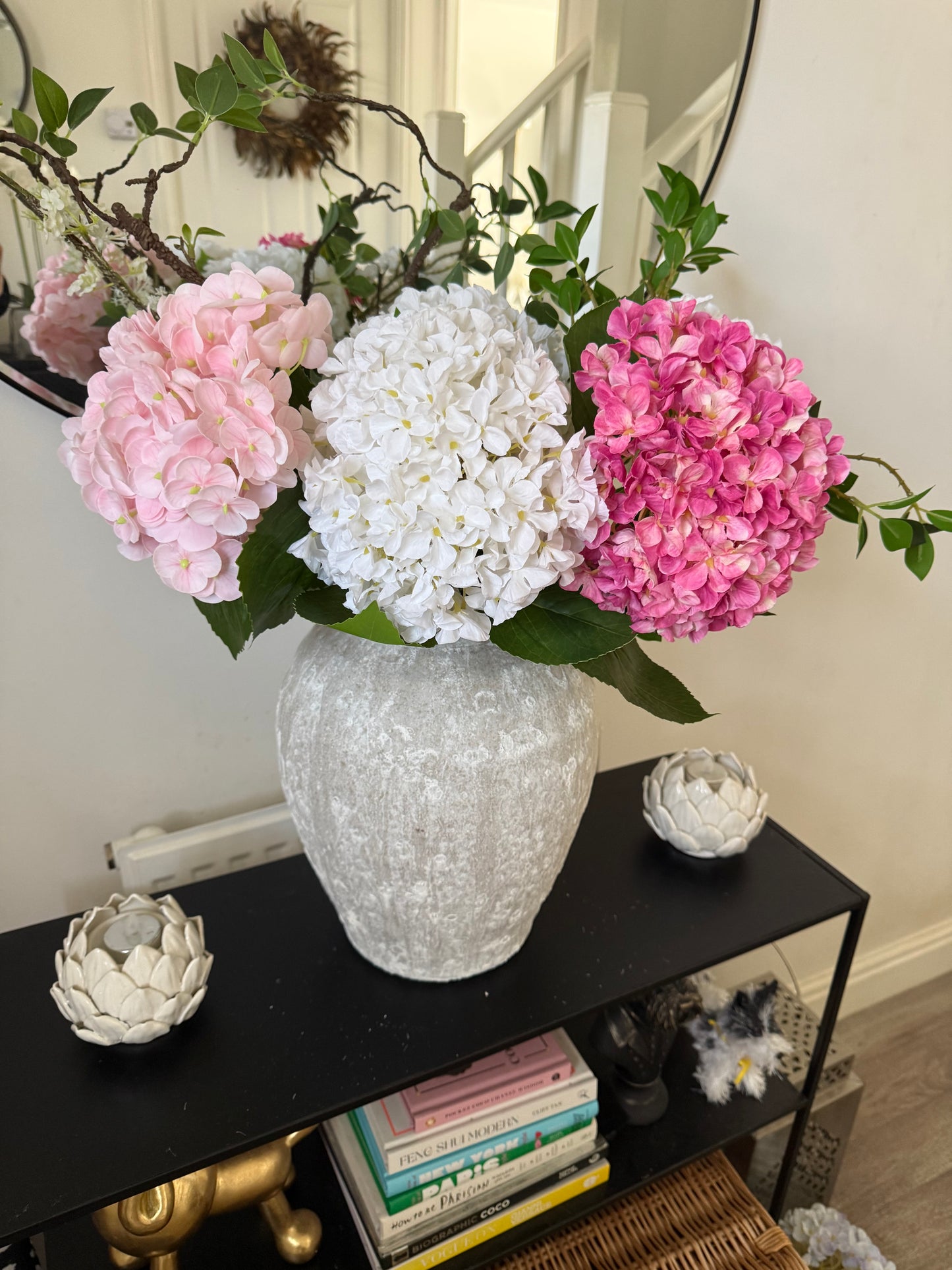 2x Pom Pom Bouquets with ceramic vases