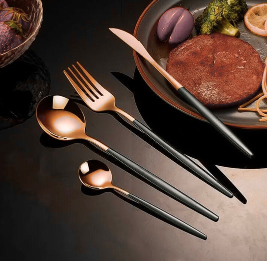 The Brooklyn 24Piece Set of Black & Gold Cutlery Set