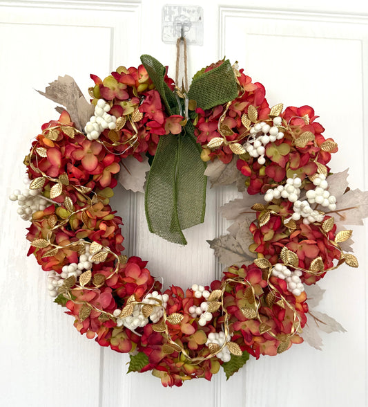 Autumnal Artificial Hydrangea & Berry Light Up LED Door Wreath